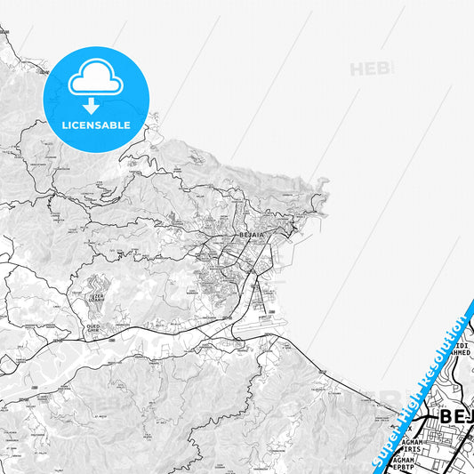 Bejaia, Algeria light map with streetnames, citynames and districts