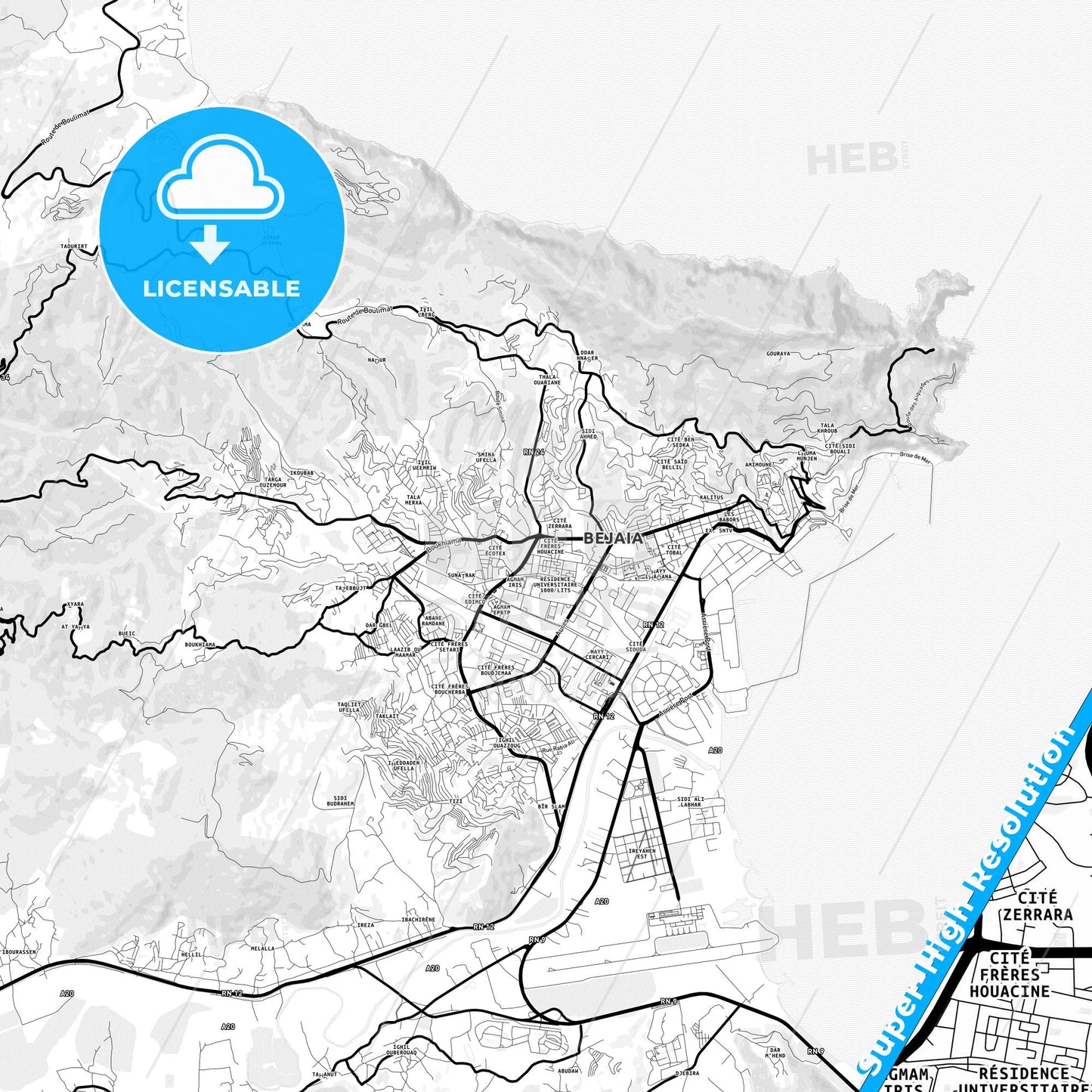 Bejaia, Algeria Light Map with Street Names, City Names, and Districts