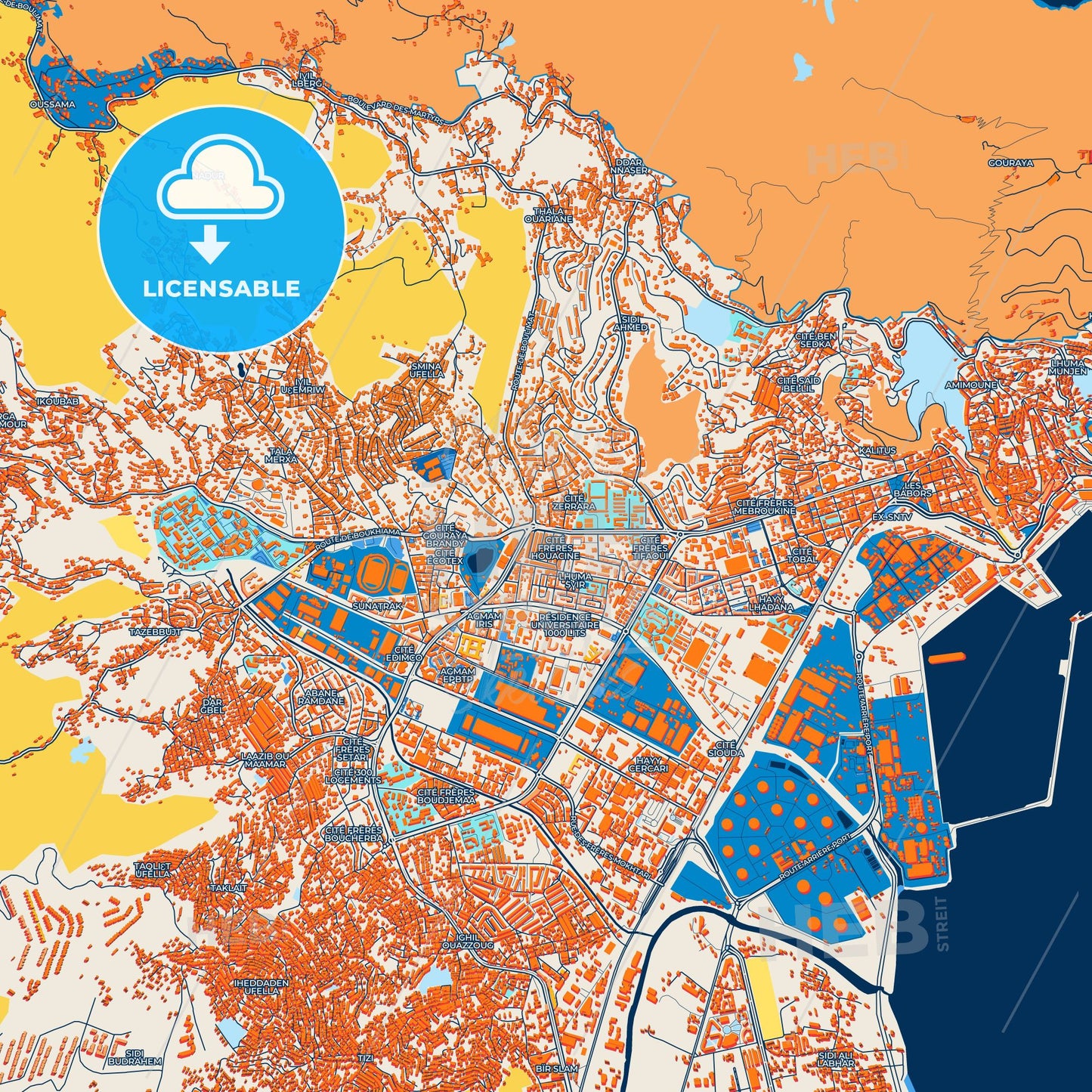 Colorful Bejaia Street Map with Labels and Buildings