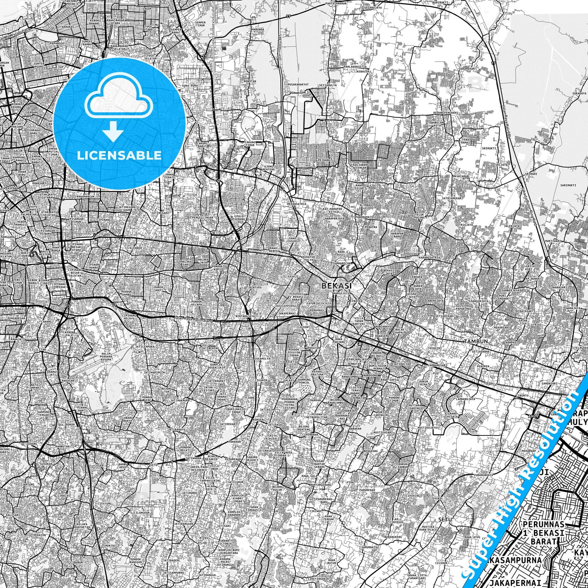 Bekasi, Indonesia light map with streetnames, citynames and districts