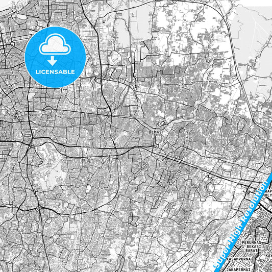 Bekasi, Indonesia light map with streetnames, citynames and districts