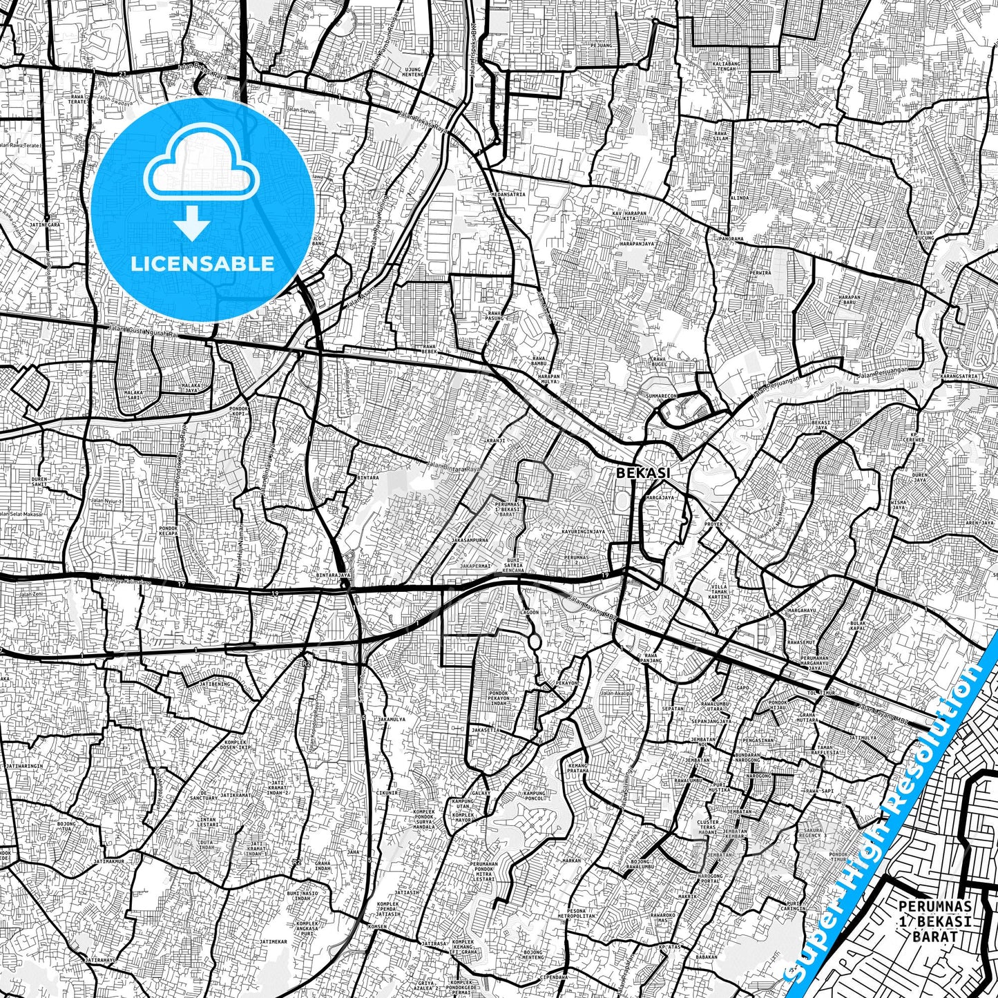 Bekasi, Indonesia Light Map with Street Names, City Names, and Districts