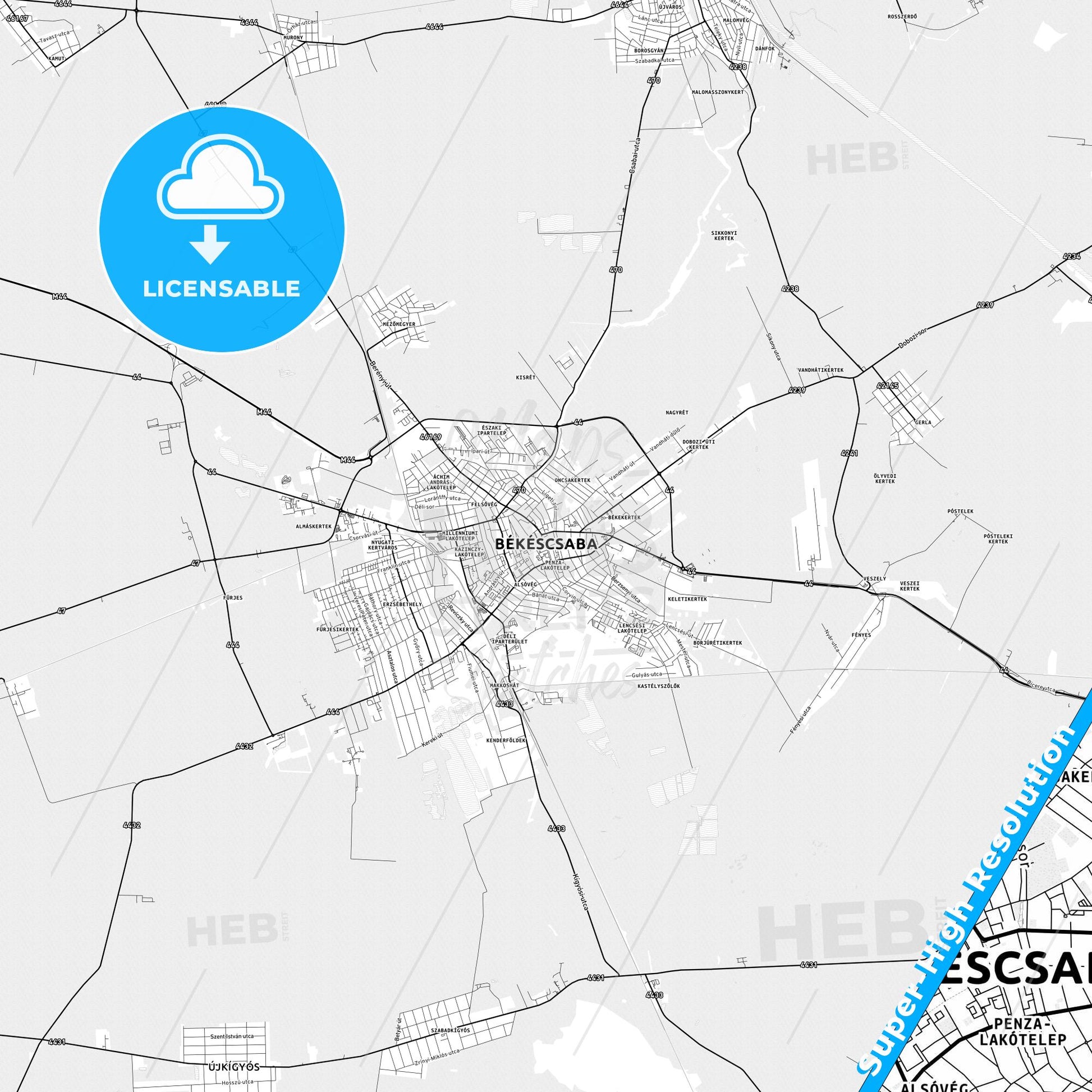 Békéscsaba, Hungary light map with streetnames, citynames and districts