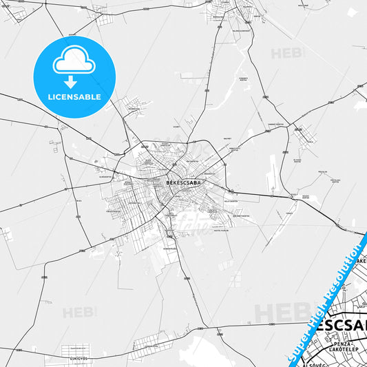 Békéscsaba, Hungary light map with streetnames, citynames and districts