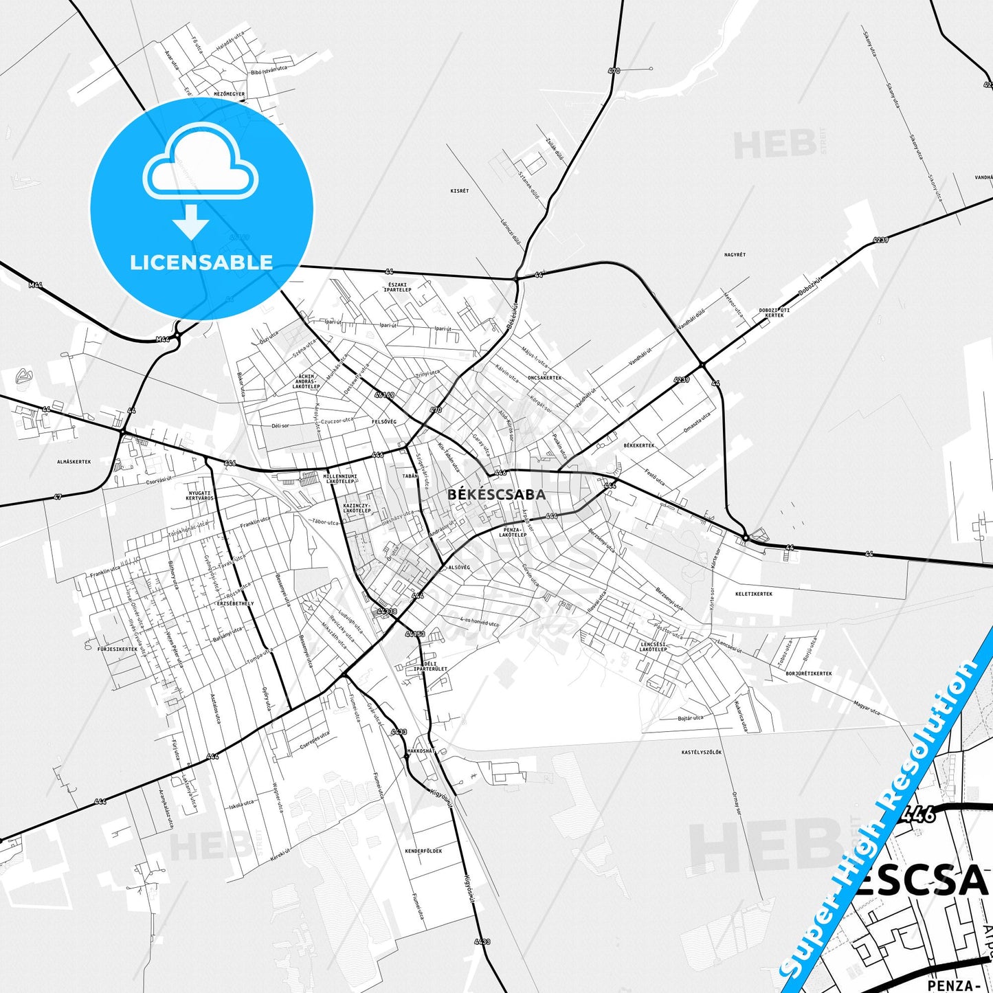 Békéscsaba, Hungary Light Map with Street Names, City Names, and Districts