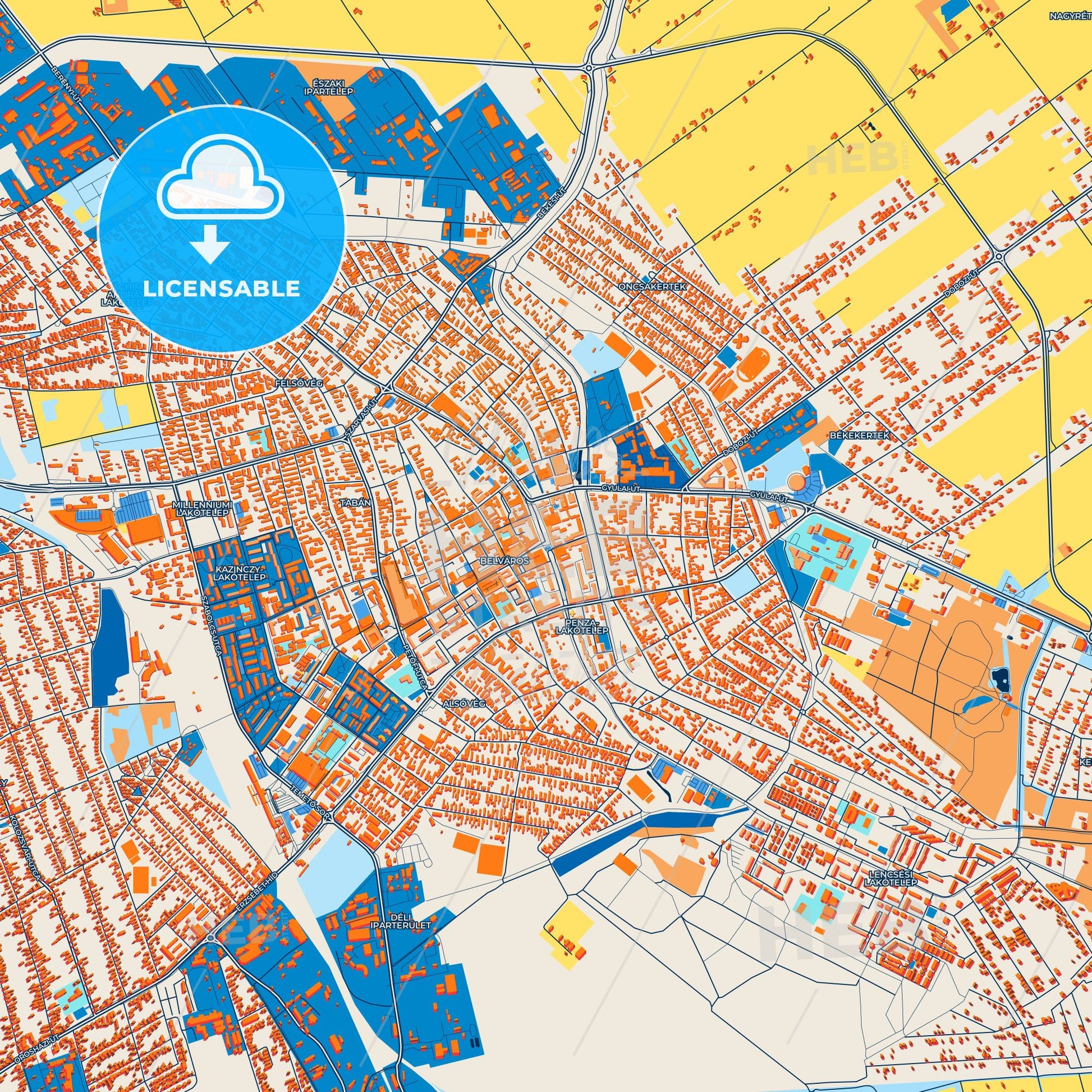 Colorful Békéscsaba Street Map with Labels and Buildings