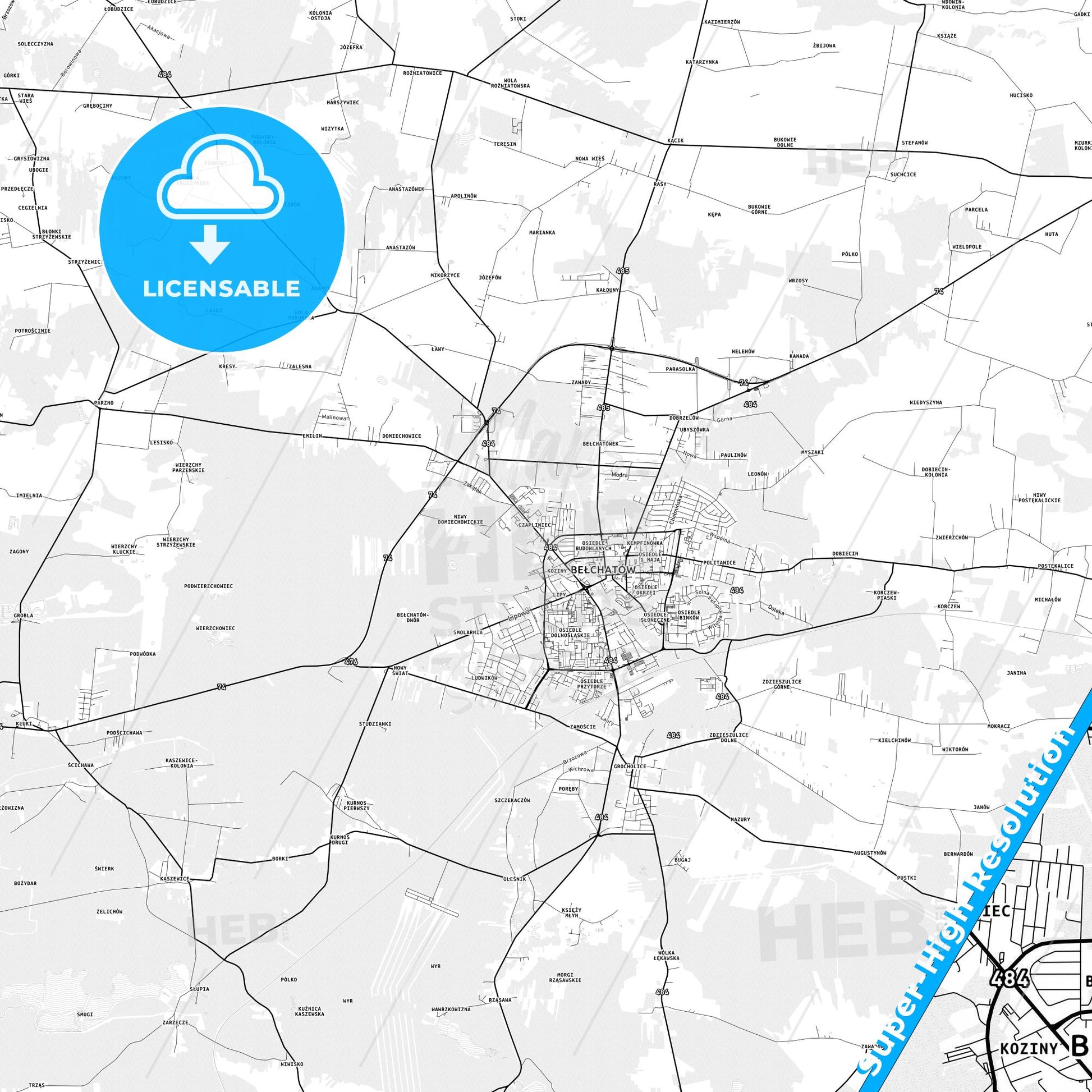 Bełchatów, Poland light map with streetnames, citynames and districts