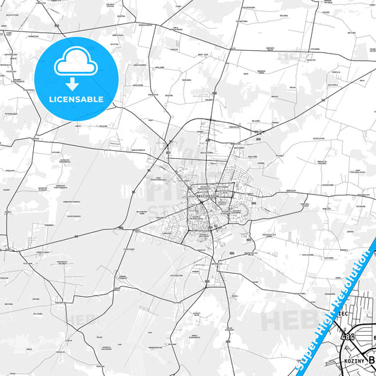 Bełchatów, Poland light map with streetnames, citynames and districts