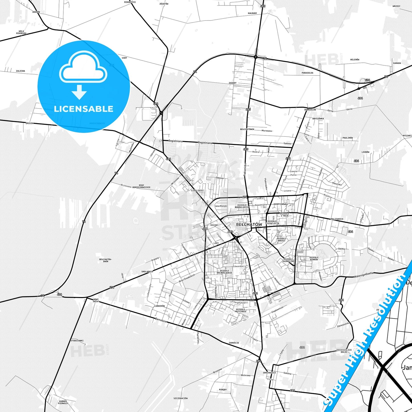 Bełchatów, Poland Light Map with Street Names, City Names, and Districts