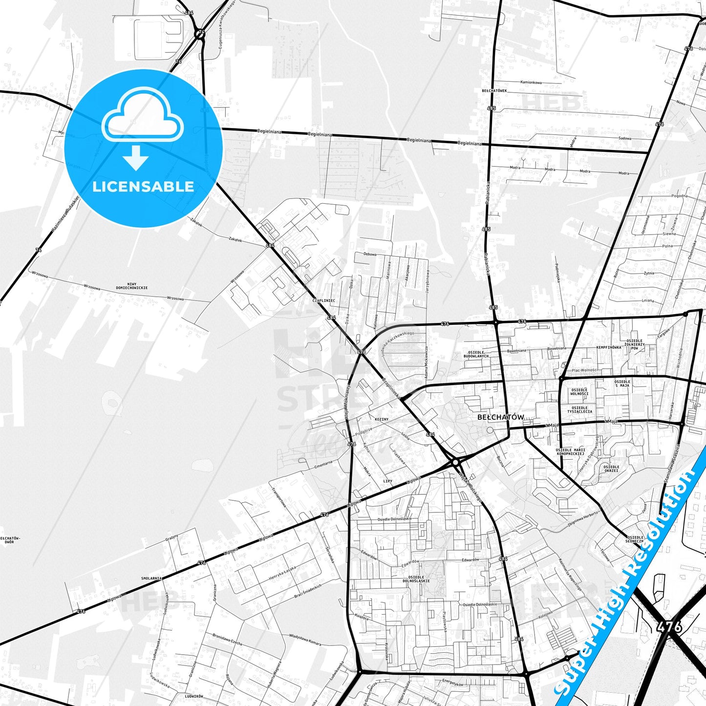 Bełchatów, Poland Light Map with Street Names, City Names, and Districts