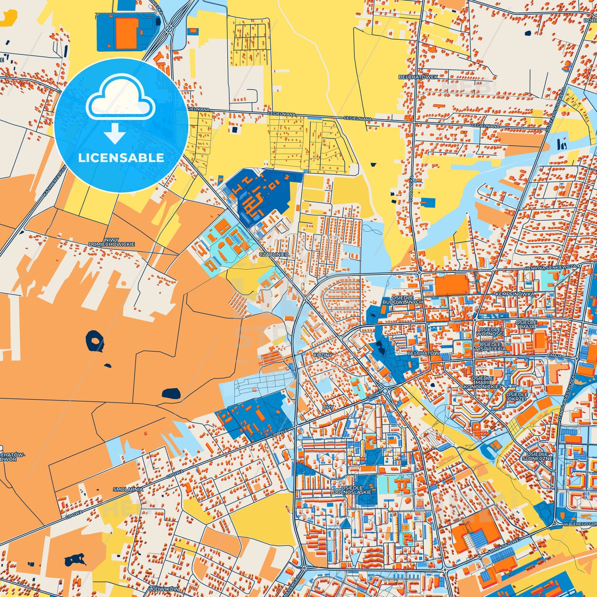 Colorful Bełchatów Street Map with Labels and Buildings