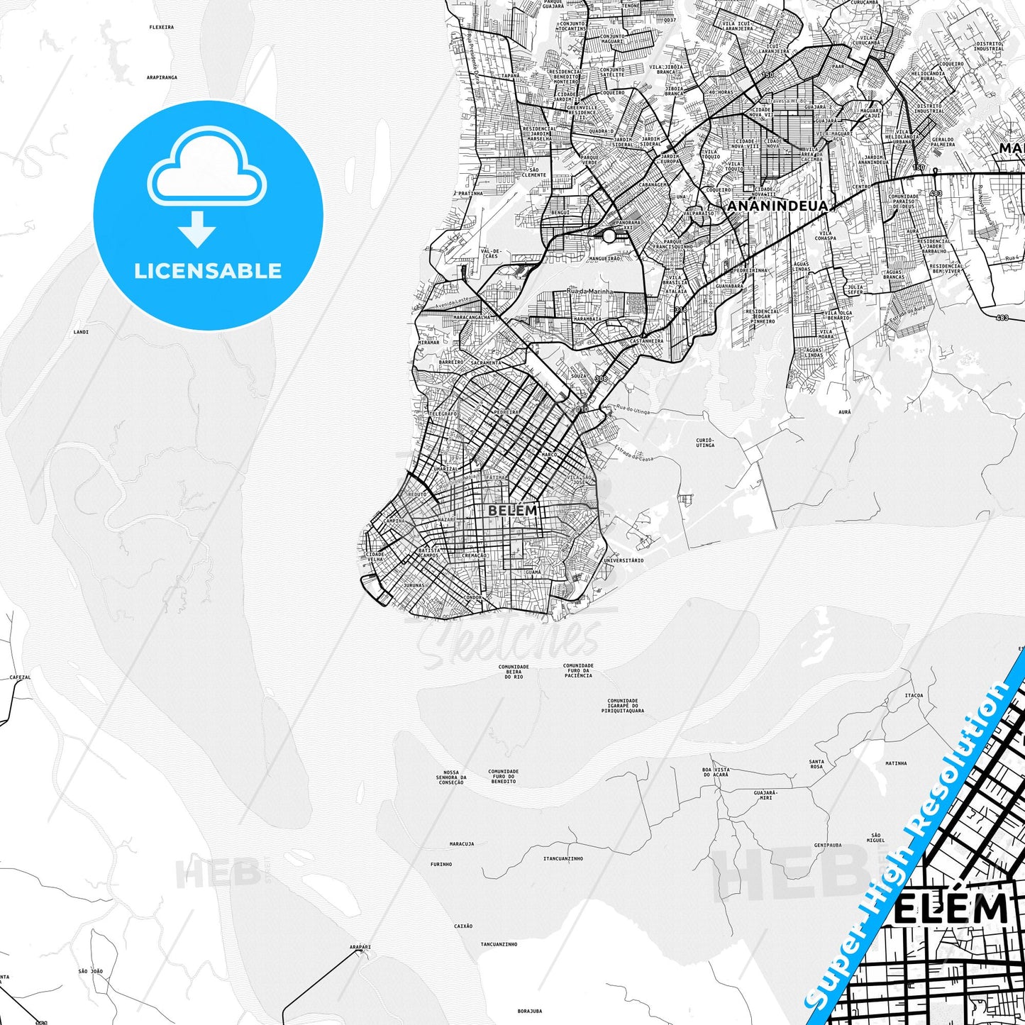 Belem, Brazil light map with streetnames, citynames and districts