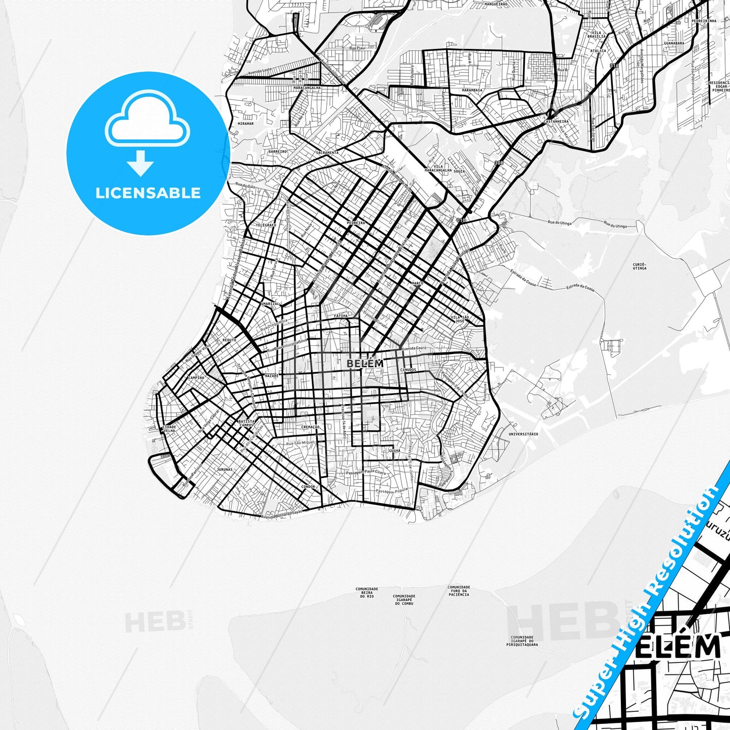 Belem, Brazil Light Map with Street Names, City Names, and Districts