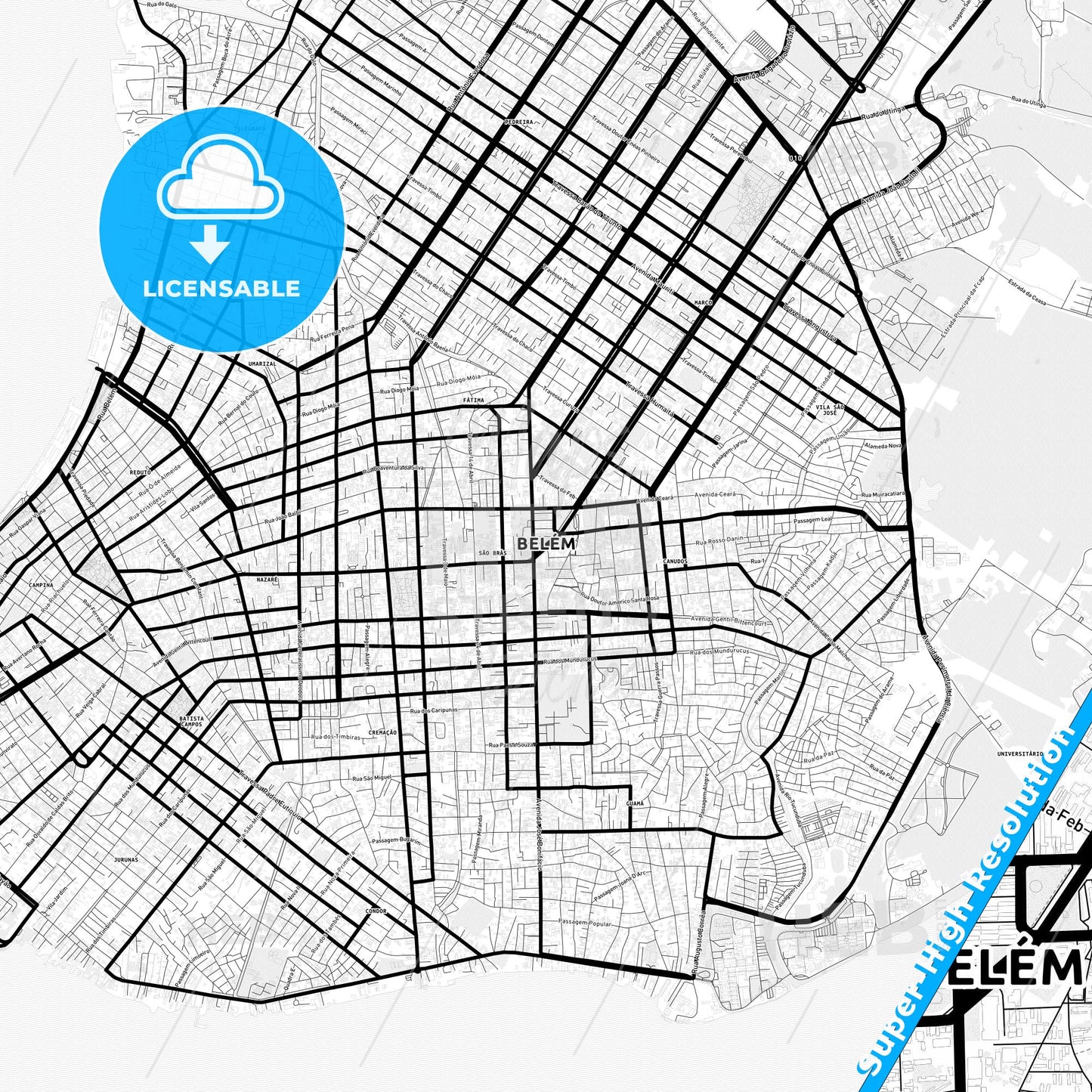 Belem, Brazil Light Map with Street Names, City Names, and Districts