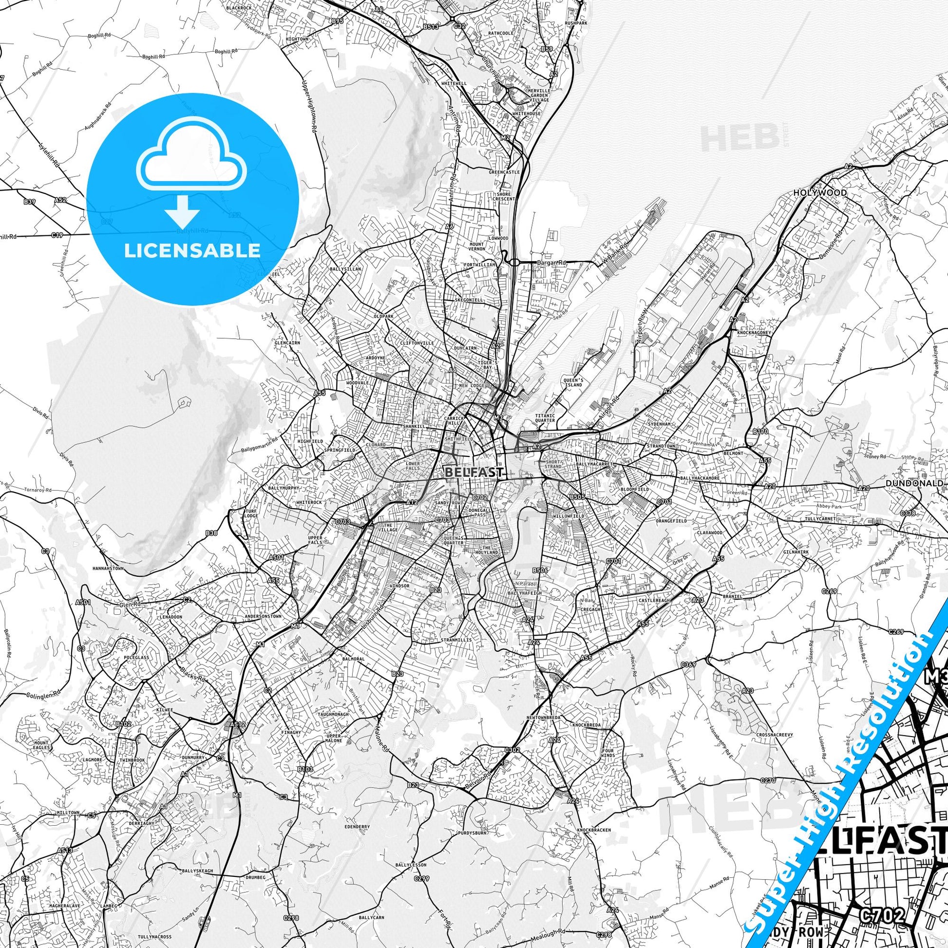 Belfast, Northern Ireland light map with streetnames, citynames and districts