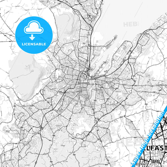 Belfast, Northern Ireland light map with streetnames, citynames and districts