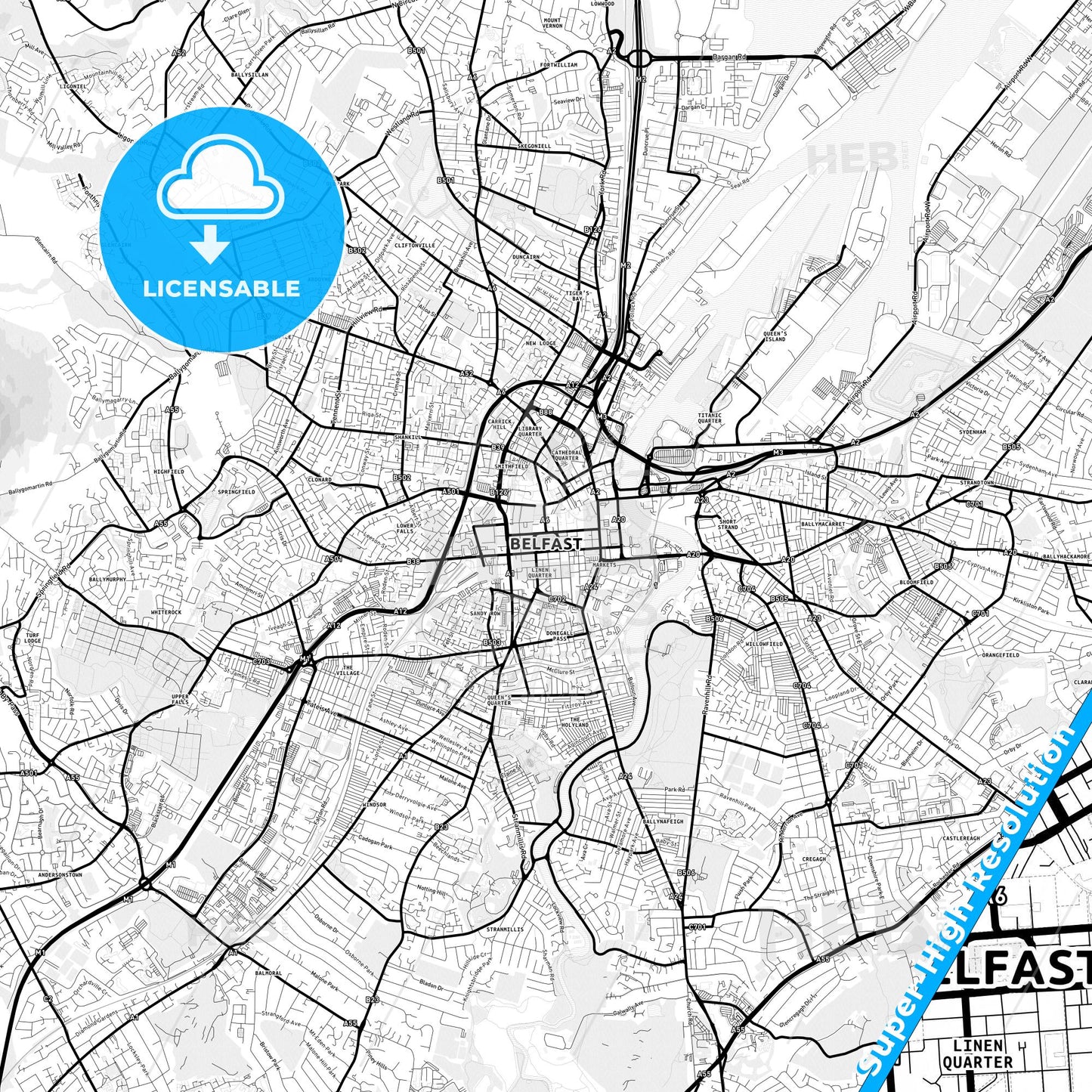 Belfast, Northern Ireland Light Map with Street Names, City Names, and Districts