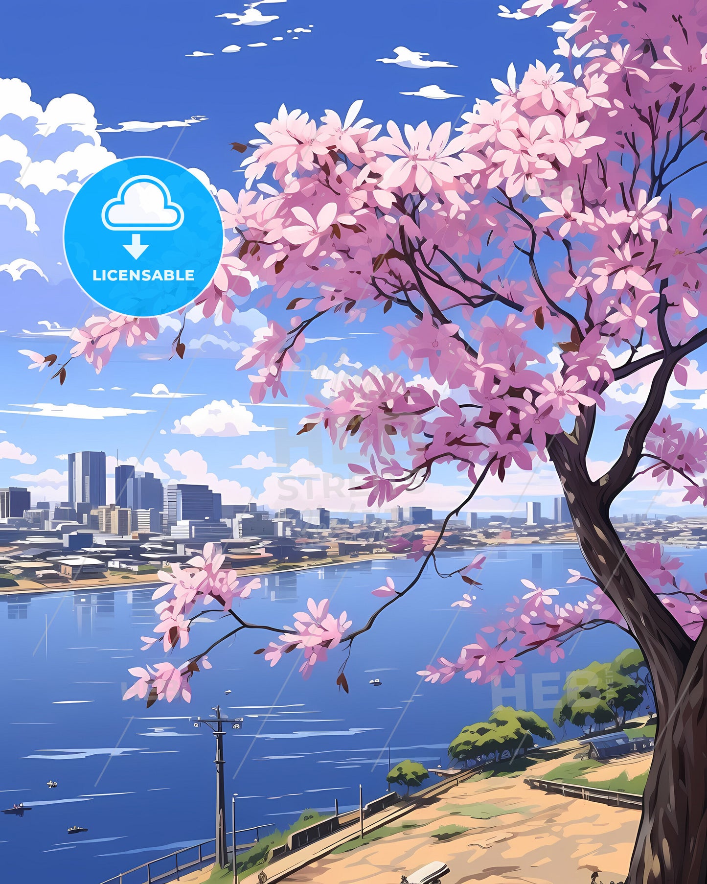 Painting of Belford Roxo City Skyline With Tree Blooming Pink Flowers Next to Water