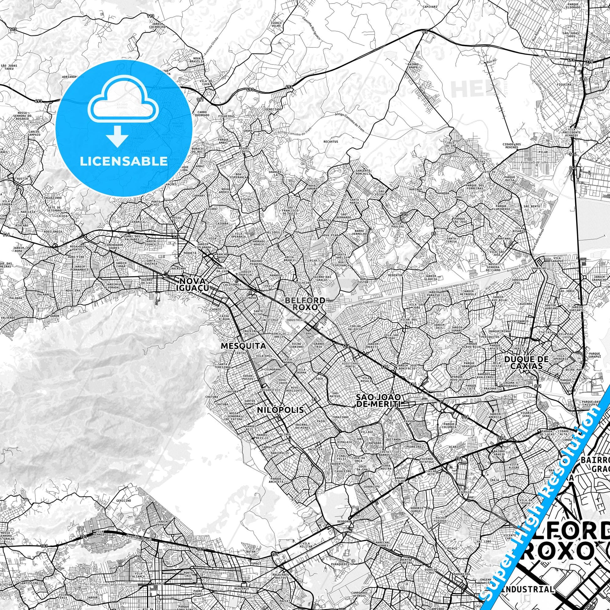 Belford Roxo, Brazil light map with streetnames, citynames and districts