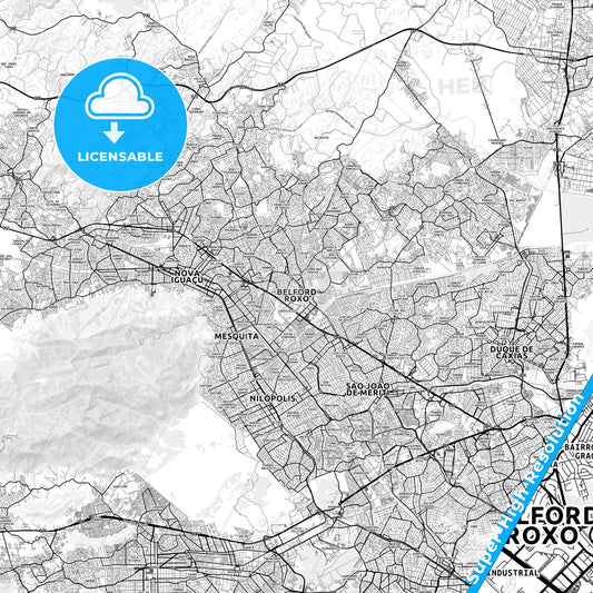 Belford Roxo, Brazil light map with streetnames, citynames and districts