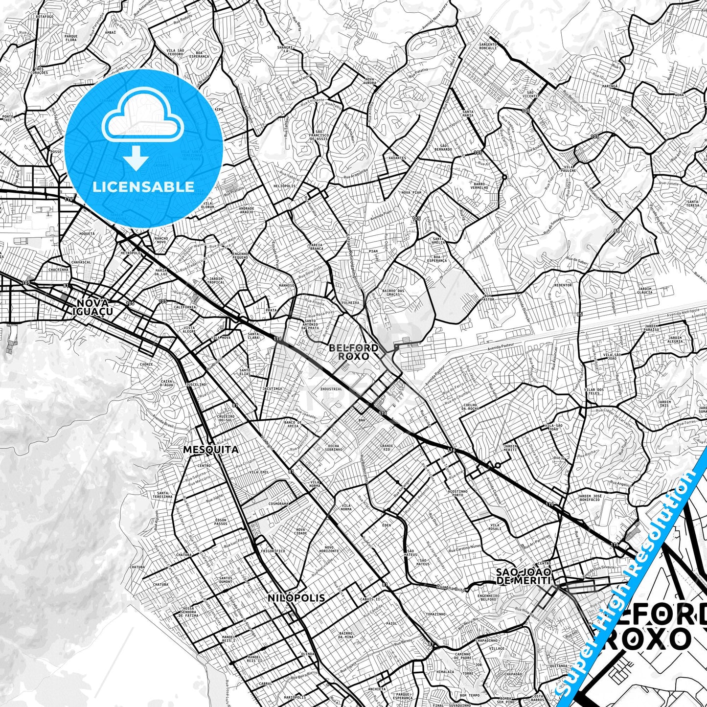 Belford Roxo, Brazil Light Map with Street Names, City Names, and Districts