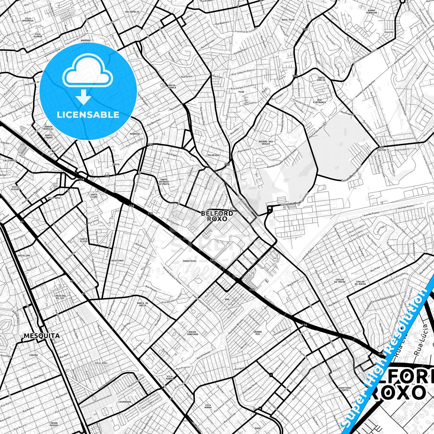 Belford Roxo, Brazil Light Map with Street Names, City Names, and Districts