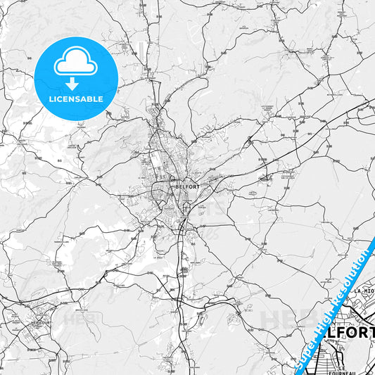 Belfort, France light map with streetnames, citynames and districts