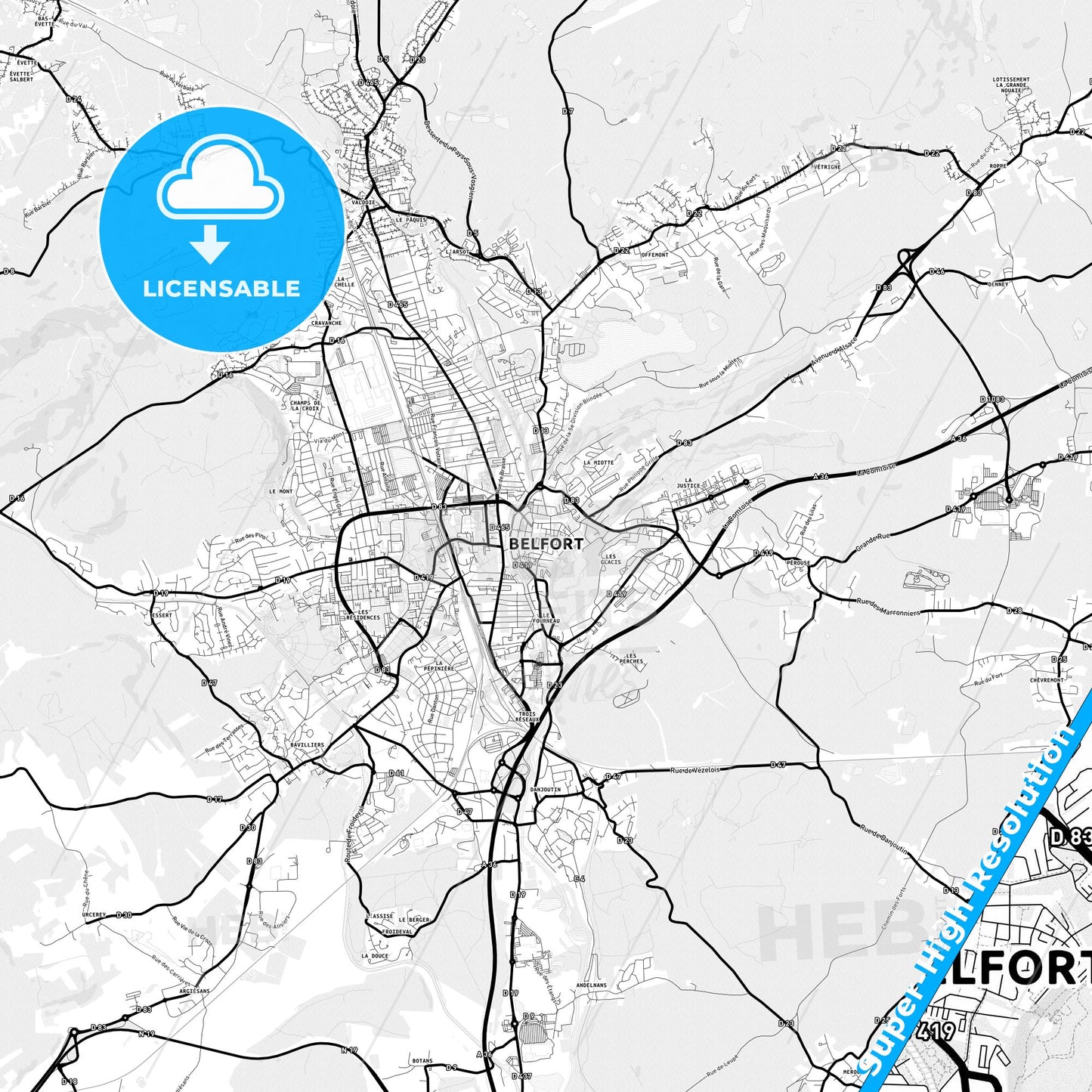 Belfort, France Light Map with Street Names, City Names, and Districts