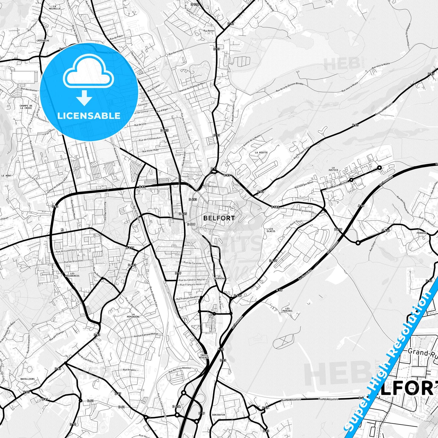 Belfort, France Light Map with Street Names, City Names, and Districts