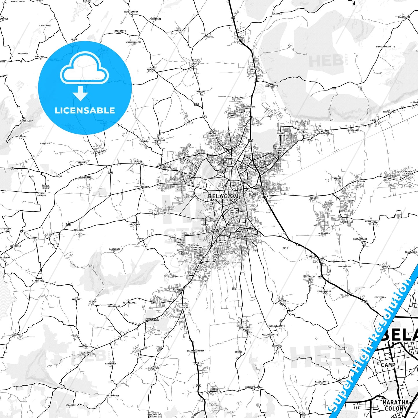 Belgaum, India light map with streetnames, citynames and districts