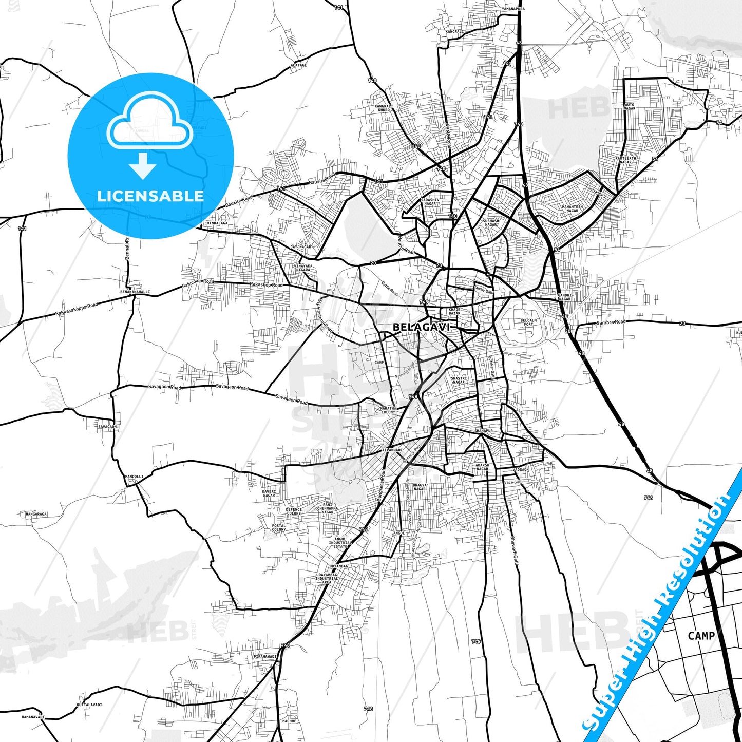Belgaum, India Light Map with Street Names, City Names, and Districts