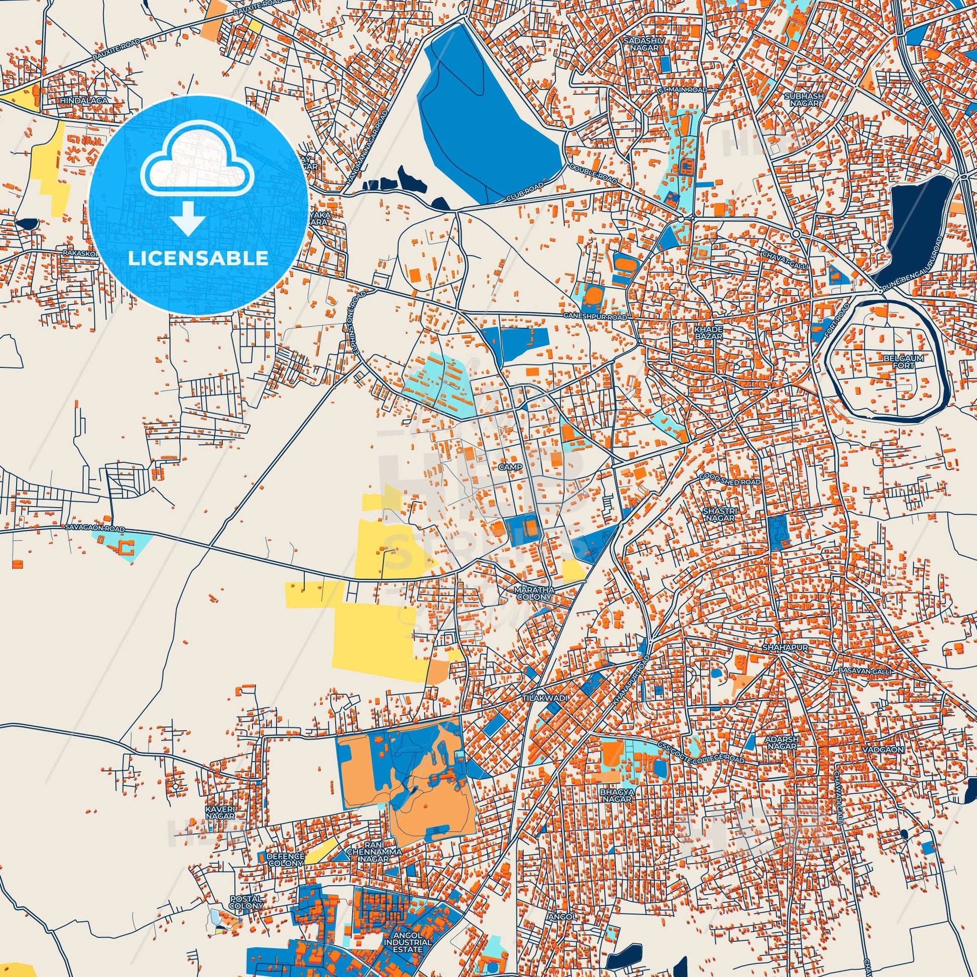 Colorful Belgaum Street Map with Labels and Buildings