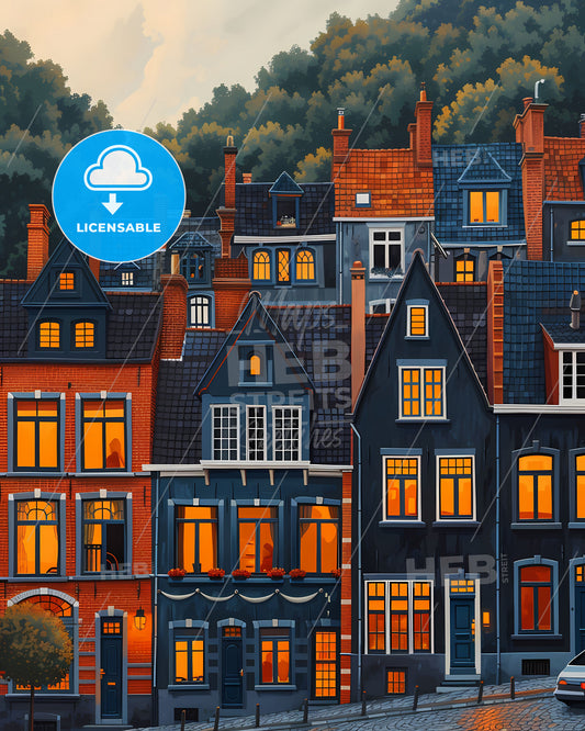 Stunning Watercolor Art: European Village Houses with Glowing Lights in Belgium