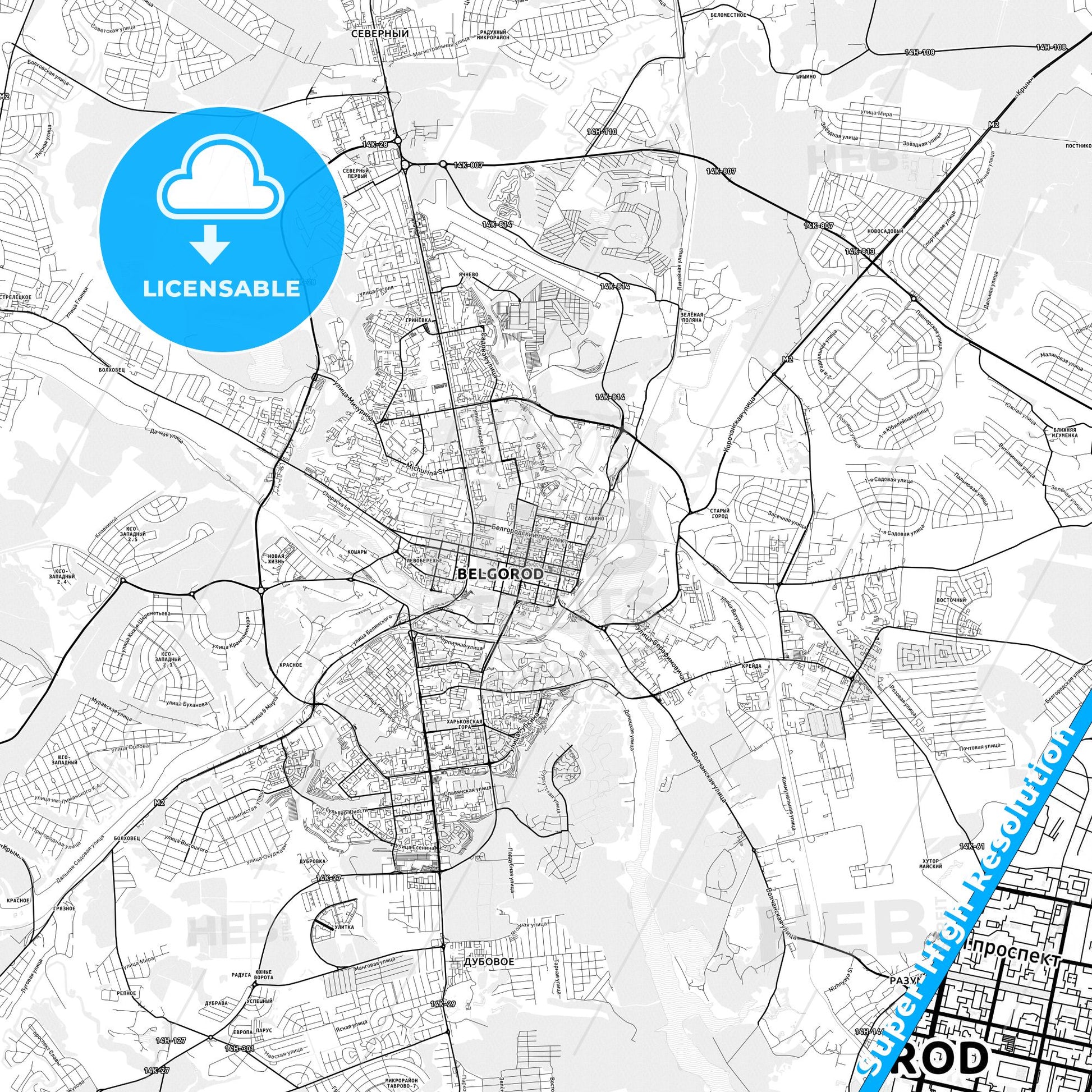 Belgorod, Russia light map with streetnames, citynames and districts