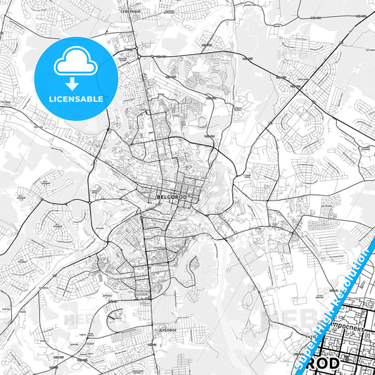 Belgorod, Russia light map with streetnames, citynames and districts