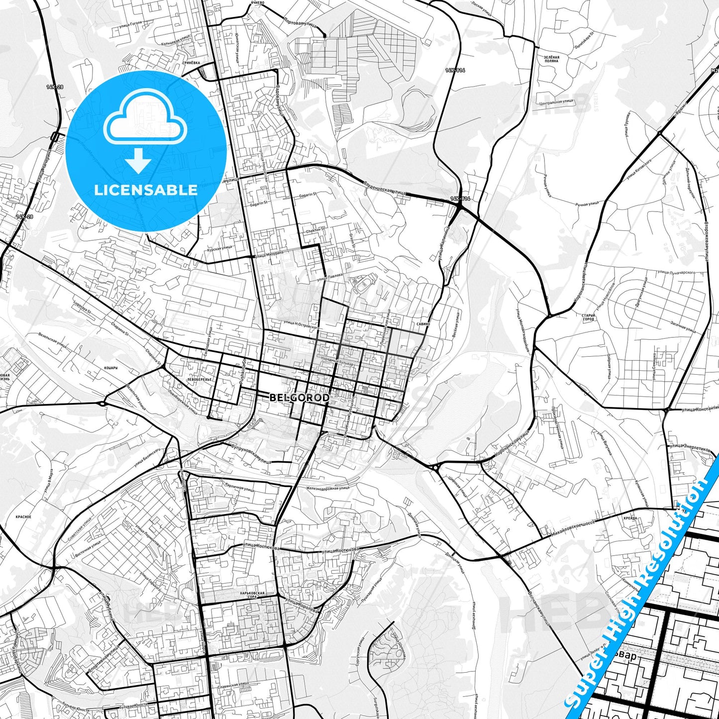 Belgorod, Russia Light Map with Street Names, City Names, and Districts