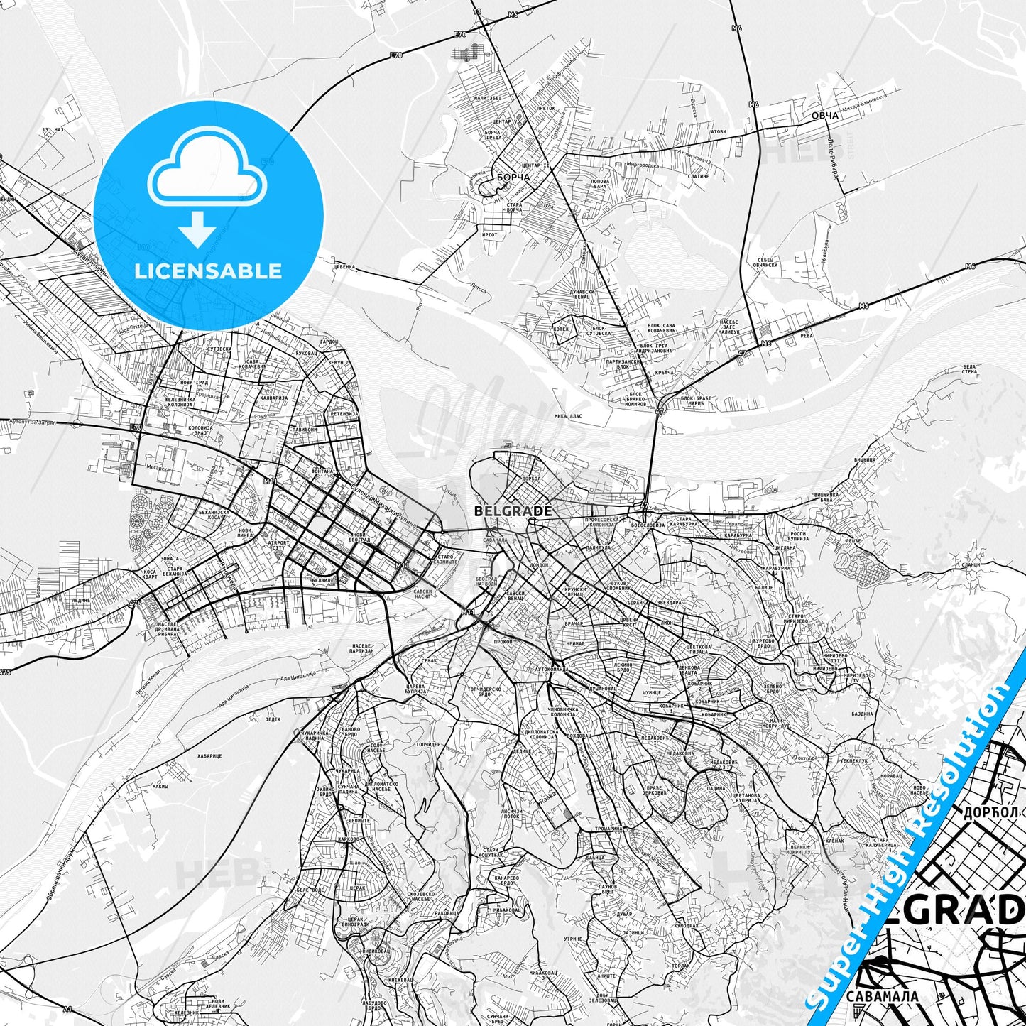 Belgrade, Serbia light map with streetnames, citynames and districts