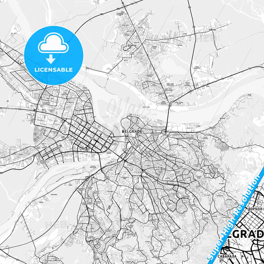 Belgrade, Serbia light map with streetnames, citynames and districts