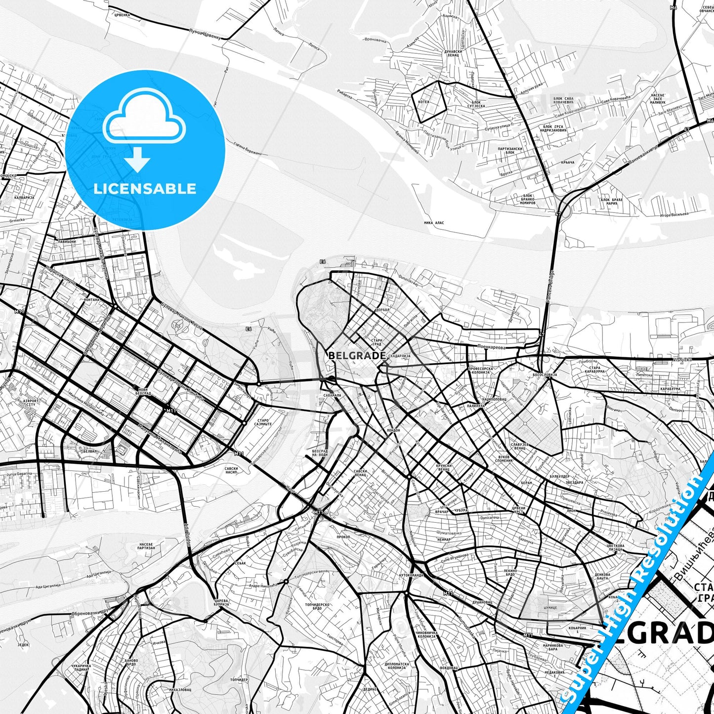 Belgrade, Serbia Light Map with Street Names, City Names, and Districts