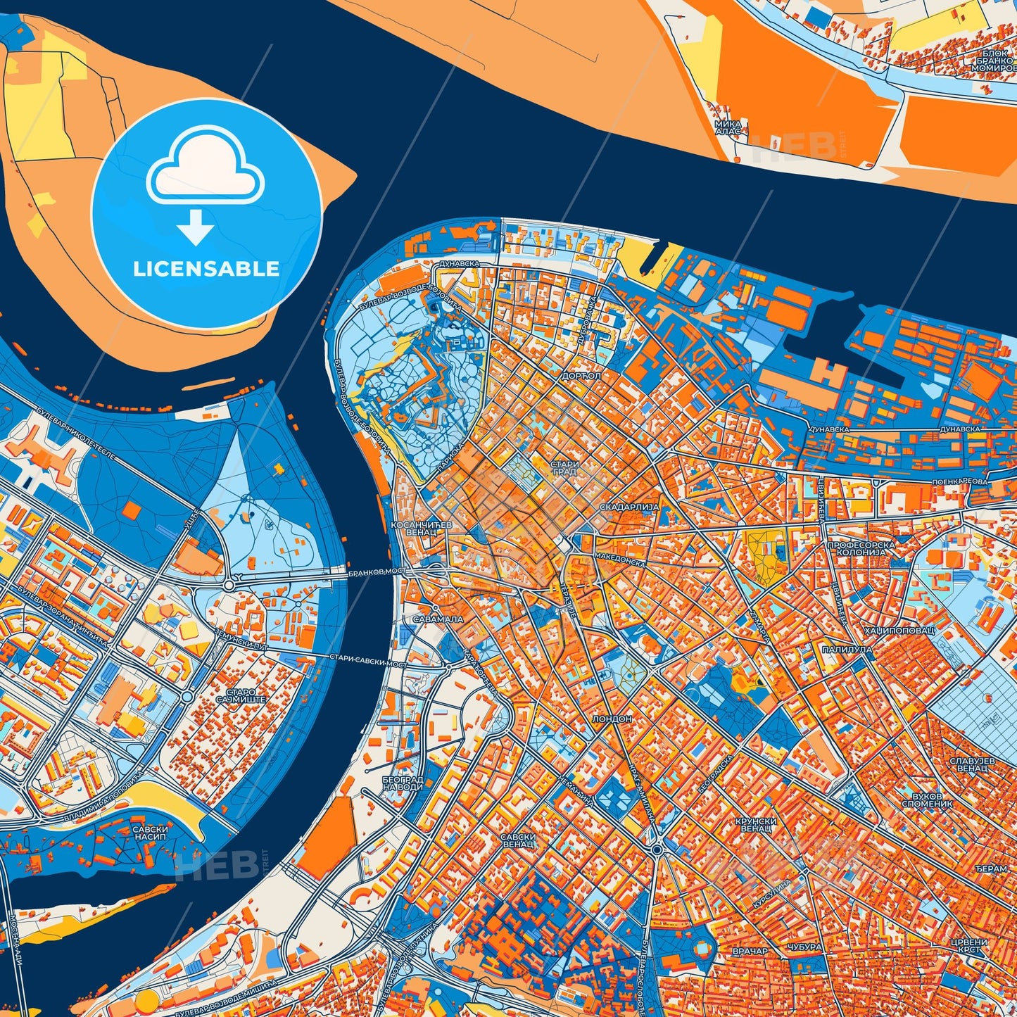 Colorful Belgrade Street Map with Labels and Buildings