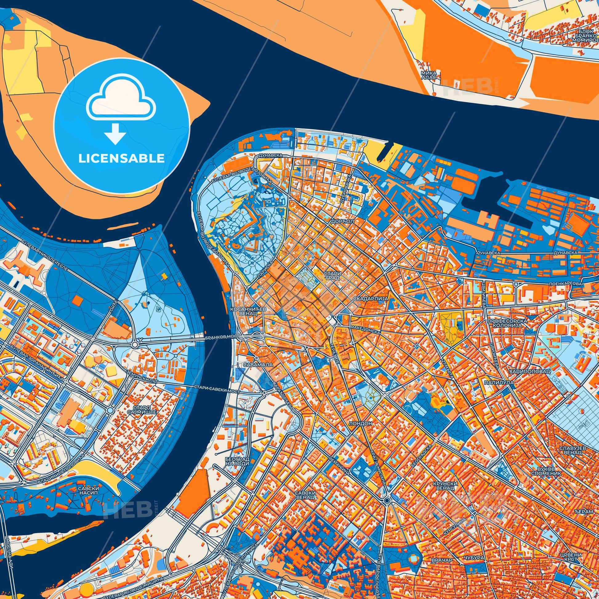 Colorful Belgrade Street Map with Labels and Buildings