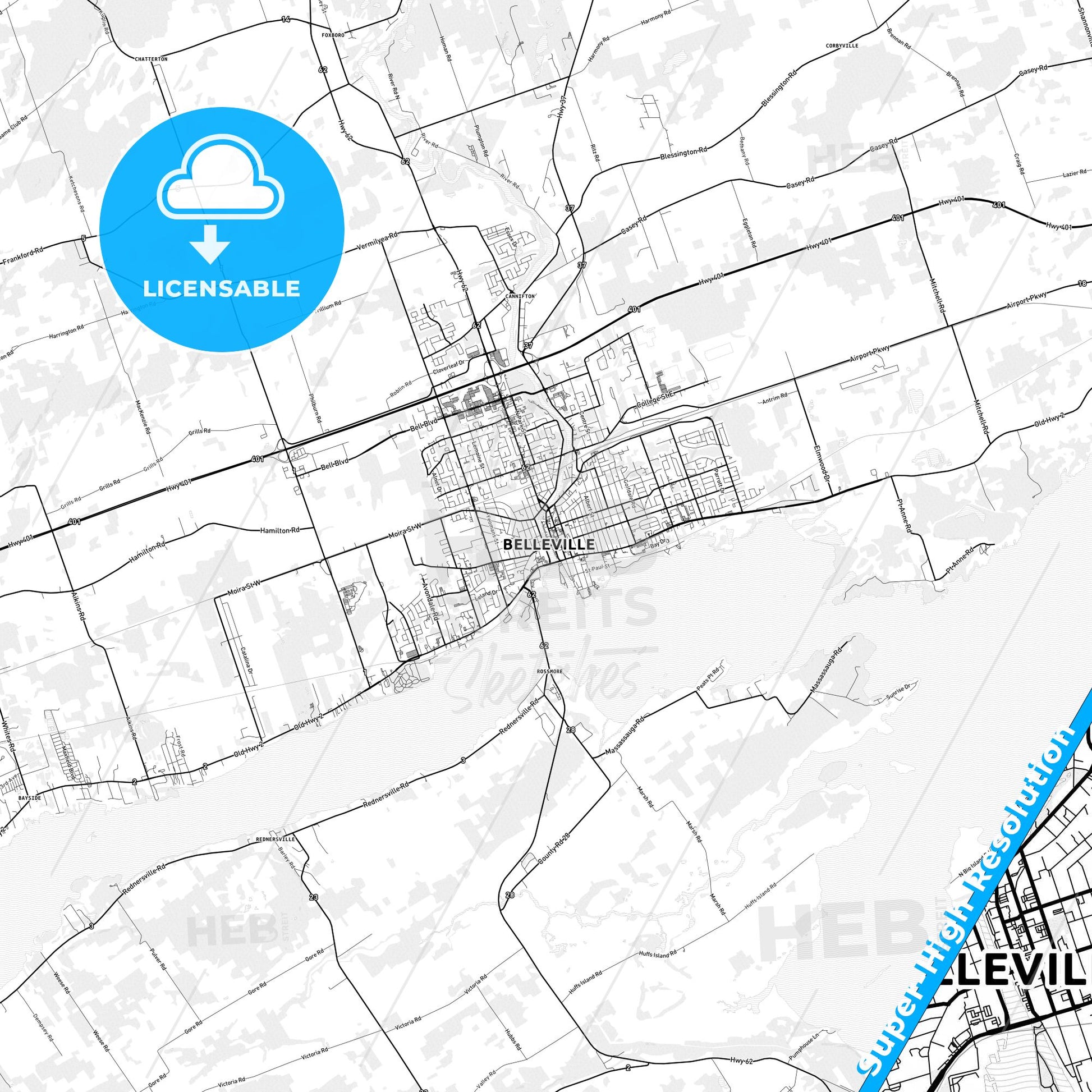 Belleville, Canada light map with streetnames, citynames and districts