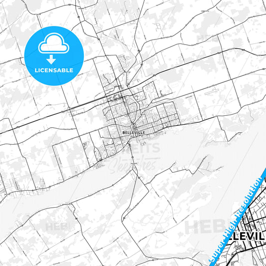 Belleville, Canada light map with streetnames, citynames and districts