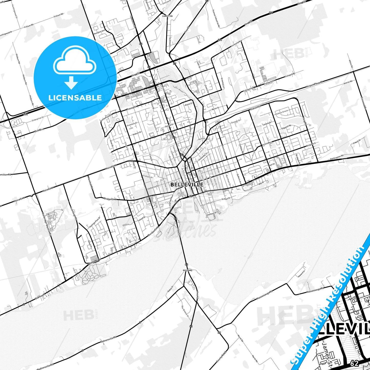 Belleville, Canada Light Map with Street Names, City Names, and Districts