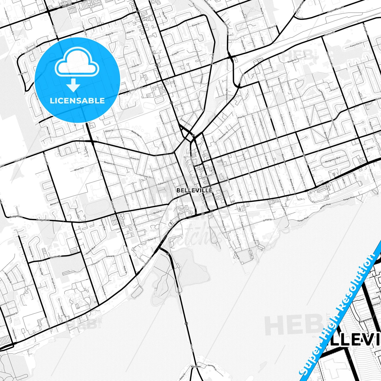 Belleville, Canada Light Map with Street Names, City Names, and Districts
