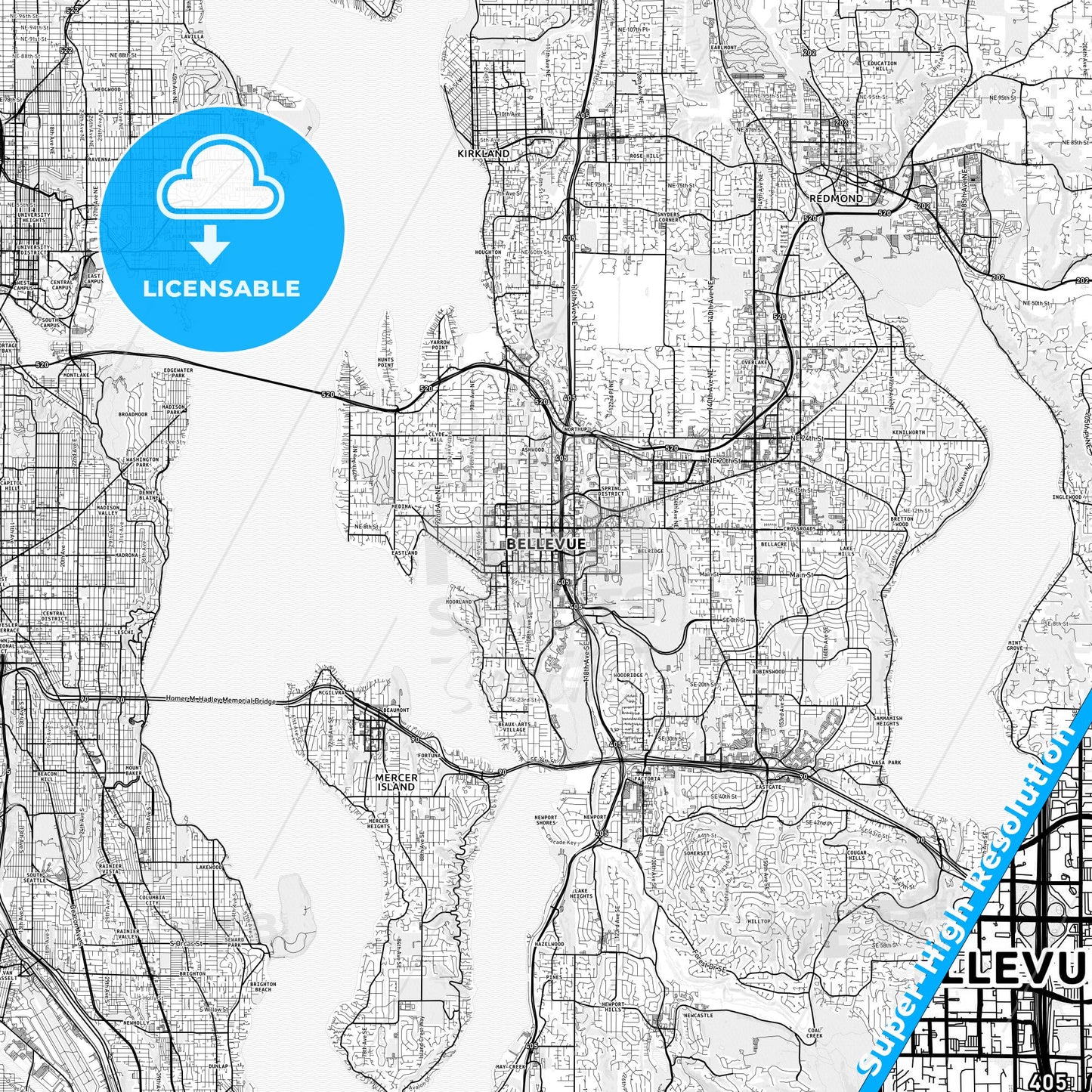 Bellevue, Washington light map with streetnames, citynames and districts