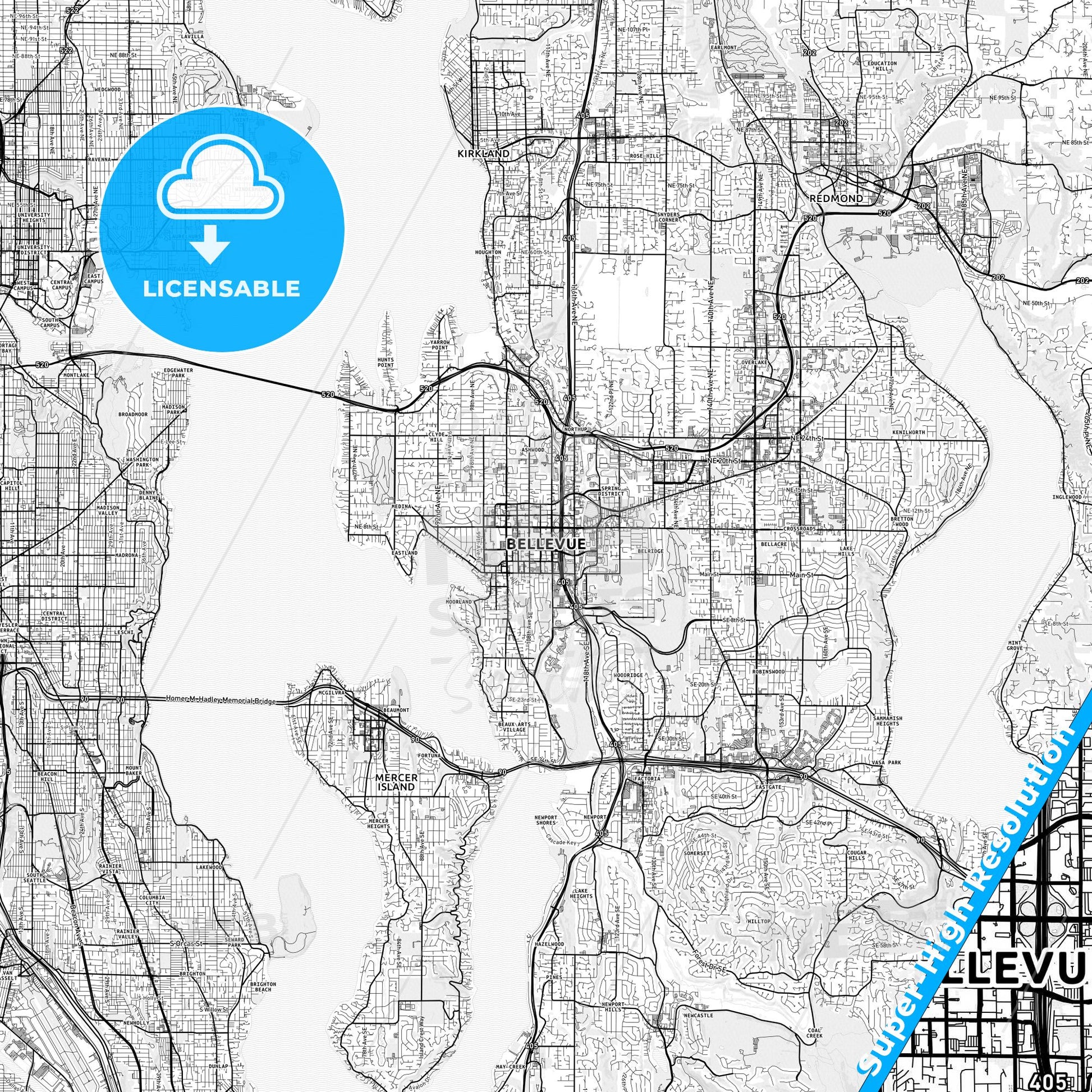 Bellevue, Washington light map with streetnames, citynames and districts
