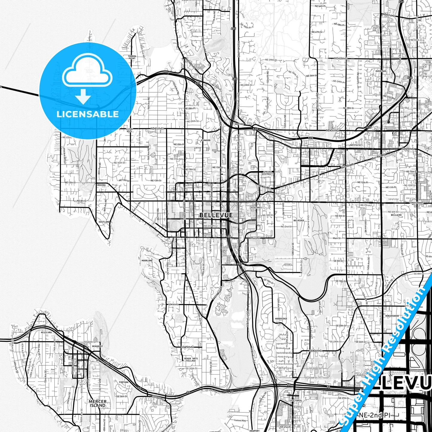 Bellevue, Washington Light Map with Street Names, City Names, and Districts