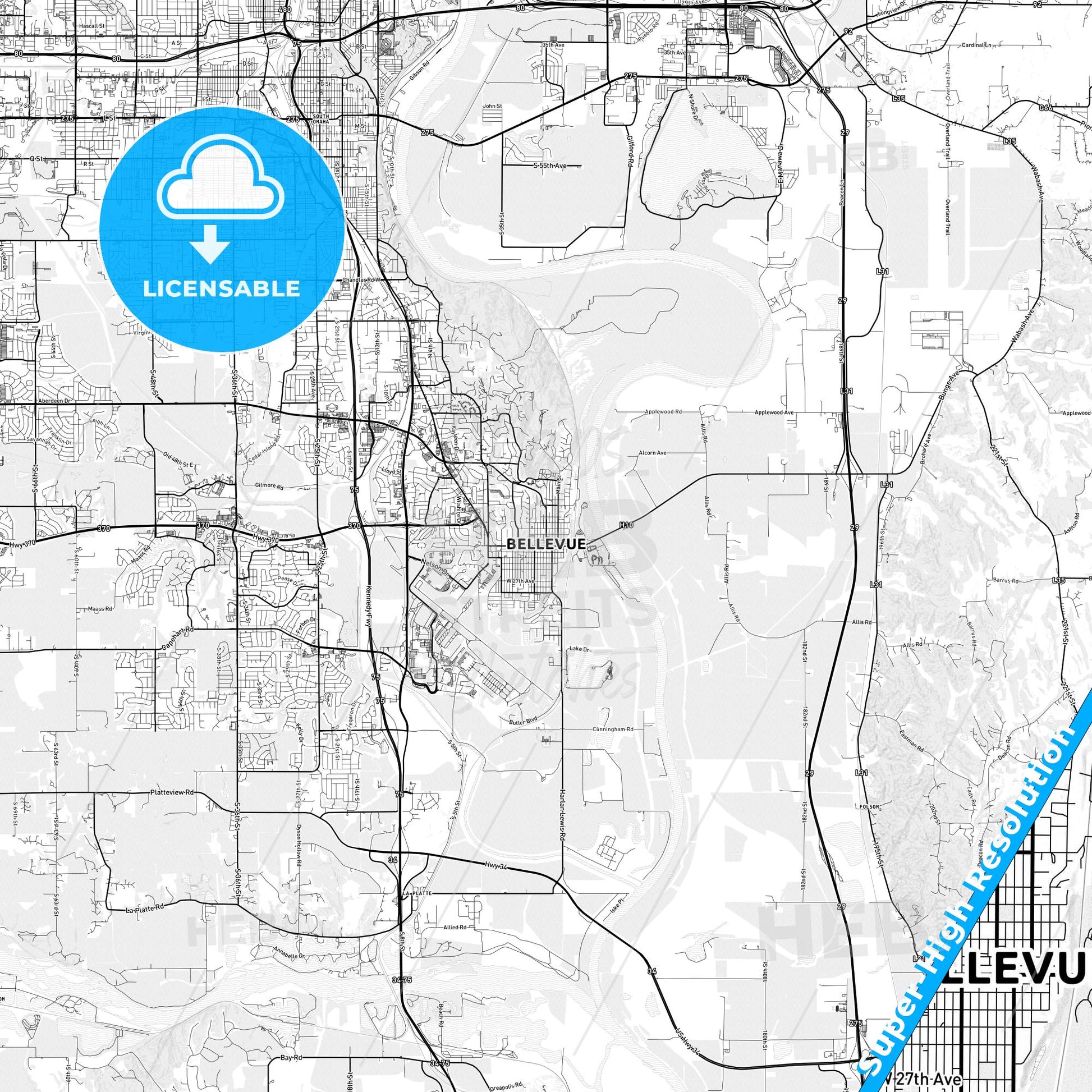 Bellevue, Nebraska light map with streetnames, citynames and districts