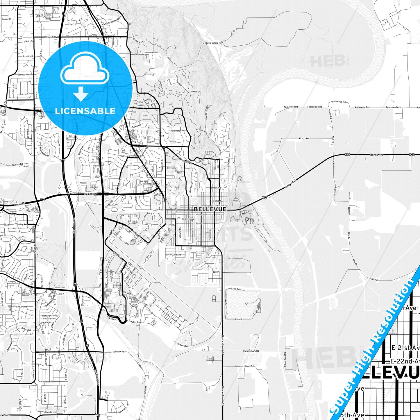 Bellevue, Nebraska Light Map with Street Names, City Names, and Districts